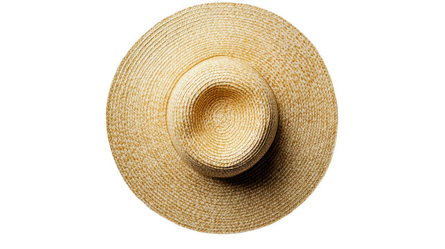 A top view of a stylish straw hat with a wide brim, perfect for summer outings or beach days, isolated on a white background.