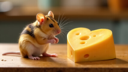 Fototapeta premium A mouse looks at a heart-shaped piece of cheese on a wooden table