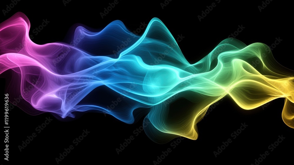Poster vibrant flowing neon particle waves in a dark background for abstract designs