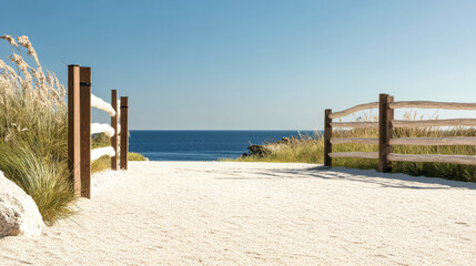 Pathway to the beach with wooden fences and ocean view on a sunny day