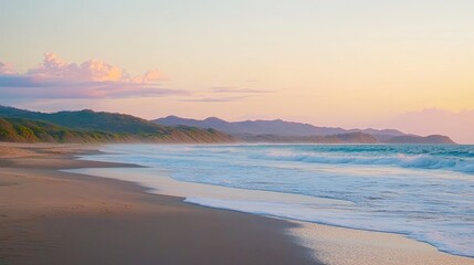 Serene Sunset Beachscape Coastal Mountains Ocean Waves