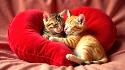 Adorable kittens sleeping on a red heart pillow, surrounded by cozy red bedding, symbolizing love and warmth