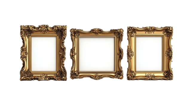 Elegant Ornate Gold Picture Frames: A trio of antique-style, ornate gold picture frames sit side-by-side,  awaiting the insertion of your cherished memories or artistic masterpieces.