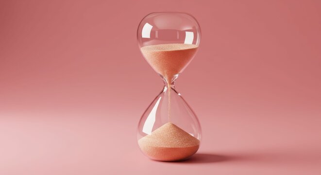 Elegant hourglass on pink background with flowing sand
