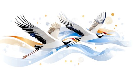 Elegant Cranes in Flight  Abstract Blue Wave Background