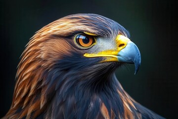 Fototapeta premium majestic golden eagle portrait in extreme detail, piercing amber eyes, textured feathers catching sunlight, dramatic natural lighting against dark background