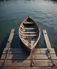 A tiny rowing boat tied to a wooden pier with an anchor , watercraft, docking
