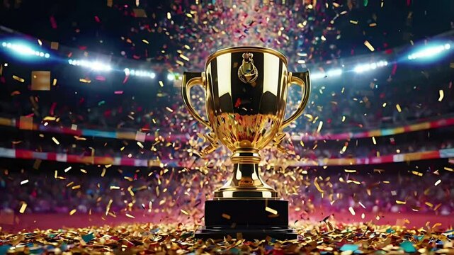 Golden trophy of football match in the middle of the field with confetti. Seamless 4K looping timelapse video animation background