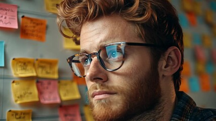 Thoughtful Young Man with Red Hair and Glasses Looking at Sticky Notes, redhead, curly hair, spectacles, eyeglasses, tortoiseshell glasses - Powered by Adobe