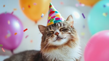 A cat wearing a party hat is sitting in front of a bunch of balloons