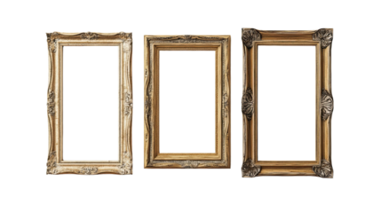 Three Golden Frames:  A set of three empty, ornate golden frames, with varying shades of gold, ready to showcase your cherished memories or artistic masterpieces.  