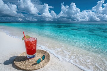 Straw hat with a exotic cocktail and sunglasses on sand beachStraw hat with a exotic cocktail and sunglasses on sand beach