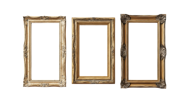 Three Golden Frames:  A set of three empty, ornate golden frames, with varying shades of gold, ready to showcase your cherished memories or artistic masterpieces.  