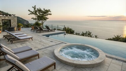 A tranquil infinity pool with a whirlpool and hot tub surrounded by lounge chairs, water features, calming atmosphere, serene surroundings, hot tub