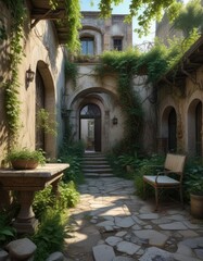 Naklejka premium A tranquil, overgrown courtyard with old stone furniture and vines in an abandoned alley, foliage, tranquil courtyard