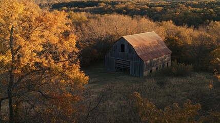 Rustic Barn Amidst Autumnal Foliage In A Picturesque Setting