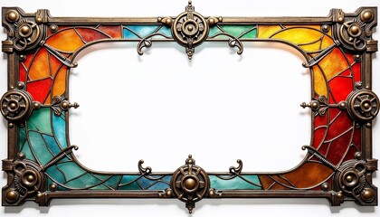 Steampunk stained glass frame, colorful panels with bronze mechanical patterns, transparent background