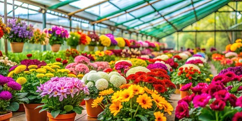A vibrant and colorful array of flowers in a greenhouse against a bright green background, green house, greenhouse, horticulture, plant display, colorful blooms