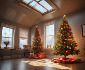 A vibrant Christmas tree near a skylight, its red and gold decorations reflecting the natural light in the room , bright, decorative