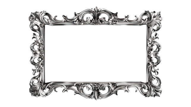 Ornate Silver Frame:  An elegant and intricately carved silver frame with ornate flourishes and scrolls, providing a classic and refined border for any artwork or photograph.