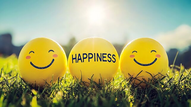 Three yellow smiling faces are on a grassy field with the word "happiness" writt