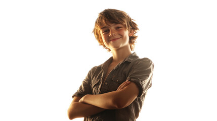 A confident young boy with a charming smile, standing with crossed arms, set against a white isolated background.