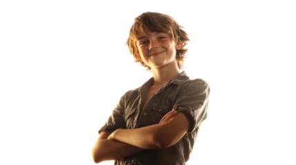 A confident young boy with a charming smile, standing with crossed arms, set against a white isolated background.