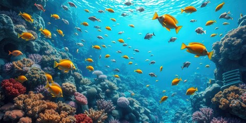 A vibrant underwater world teeming with colorful fish, coral reefs, and hidden treasures, coral reefs, mysterious, aquatic