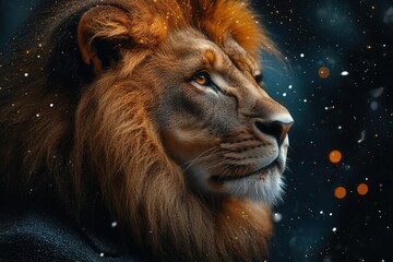 Naklejka premium majestic lion portrait in geometric art style, crowned with constellation patterns, metallic gold and deep space blues