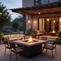Fototapeta premium A warm and inviting outdoor dining area with a fire pit and comfortable seating, natural setting, fall colors, harvest