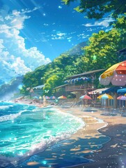 Obraz premium Serene Coastal Village Scene: Tranquil Beach with Colorful Umbrellas and Lush Greenery under a Sunny Sky