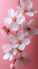 A flat lay of cherry blossoms on a pink background, symbolizing spring, beauty, and celebrations. Perfect for greeting cards, weddings, and feminine designs.