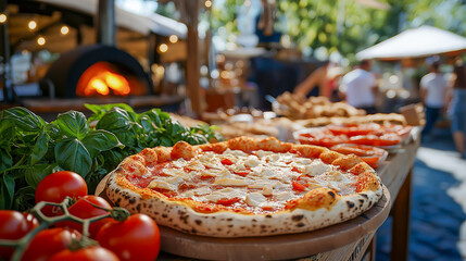 Freshly baked pizza topped with mozzarella and tomato sauce on wooden table, with wood-fired oven and vibrant outdoor market setting in the background