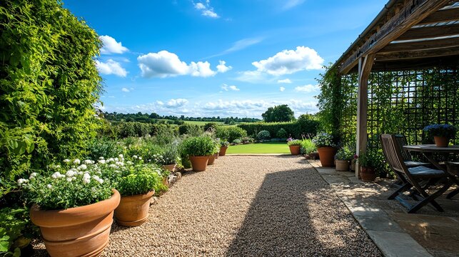 Traditional rural garden with terracotta pots, wooden trellises, and a gravel patio for afternoon tea