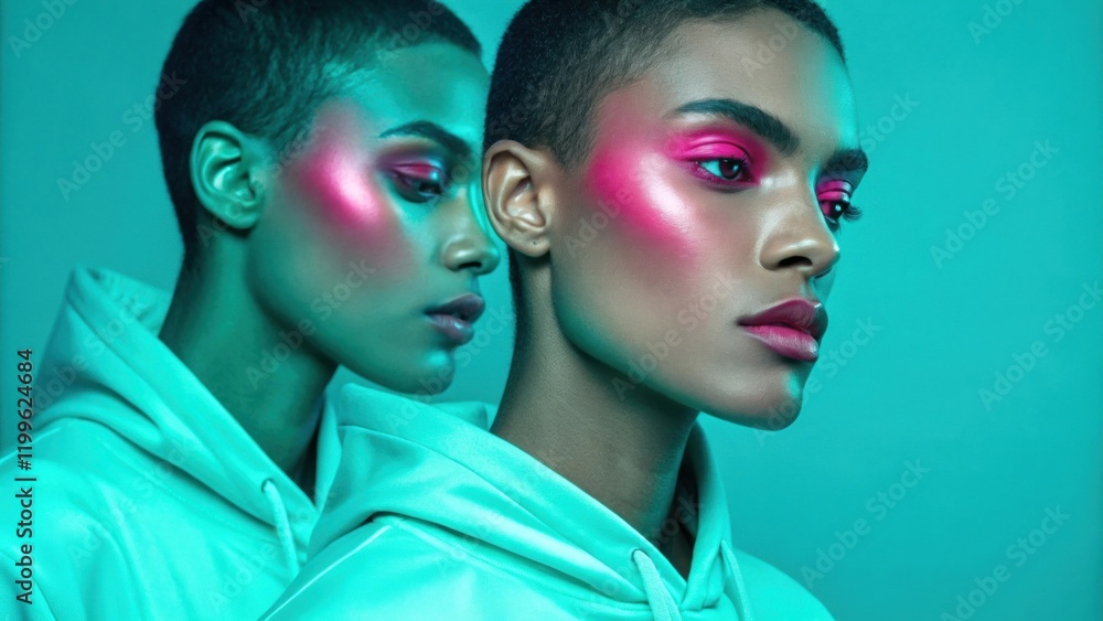 Poster a dreamlike portrait of an individual with two mirrored faces enveloped in a soft neon teal glow. th