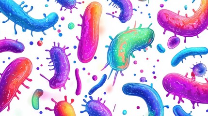 A digital painting of bacteria in vibrant neon hues, abstract fractal patterns, modern scientific art, isolated on white background.