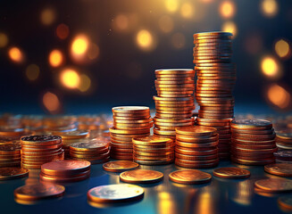 Stacks of golden coins with reflection on a dark background with bokeh lights