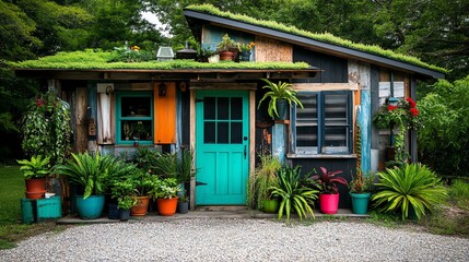 A rustic shed with a living green roof, surrounded by vibrant potted plants and a gravel walkway