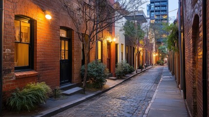 Evening Light Illuminates Cobblestone Lane Brick Houses