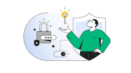 Security flat minimalistic illustration.  Cyber security concept with character. Svg, vector illustration. Data security, protected access control, privacy data protection. 