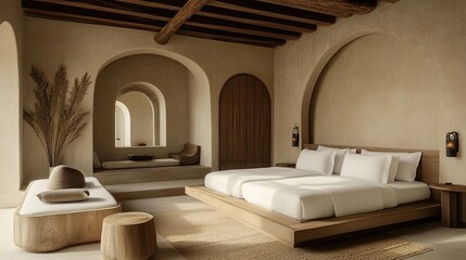 Minimalist bedroom design with arched alcoves and wooden platform bed