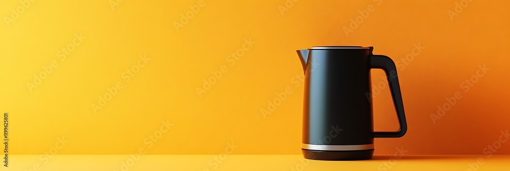 Poster stylish electric kettle on a soft orange surface, offering empty space at the bottom for captions.