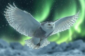 majestic snowy owl in flight against northern lights, arctic wilderness, wings spread wide, ethereal green aurora