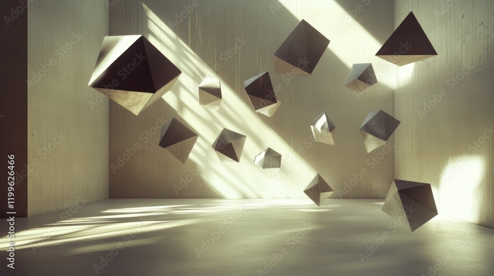Poster floating geometric forms in sunlit minimalist room: abstract 3d render