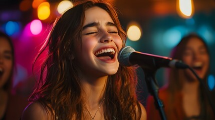 Energetic teen singing karaoke with a big delighted smile on stage as family members watch and support her musical performance during a celebratory event or gathering
