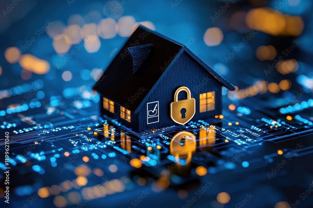 Poster a digital representation of a house secured with a padlock, symbolizing smart home security and prot