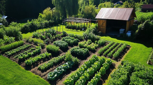 Quaint vegetable garden with neat rows of crops, trellises for climbing plants, and a small wooden tool shed