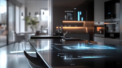 Modern smart kitchen with interactive countertop.