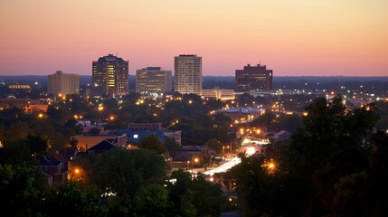 Obraz premium Cityscape at Twilight Showing Illuminated Buildings and Roads