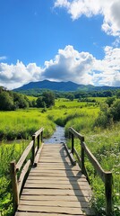 Rustic wooden bridge crossing over a stream, framed by dense greenery and wildflowers, creating a rural escape